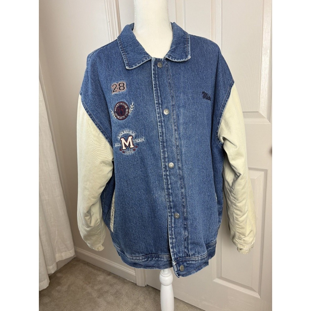 Disney Mickey Mouse Varsity Jacket Women XL Blue Denim Cream Good Embroidered